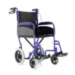 A lightweight foldable, dark blue/purple colour reconditioned wheelchair.