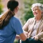 Woman sat in wheelchair smiling at a woman.